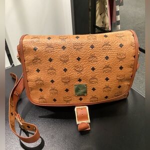 Pre Owned MCM Leather Messenger with gold front buckle Designer Bag